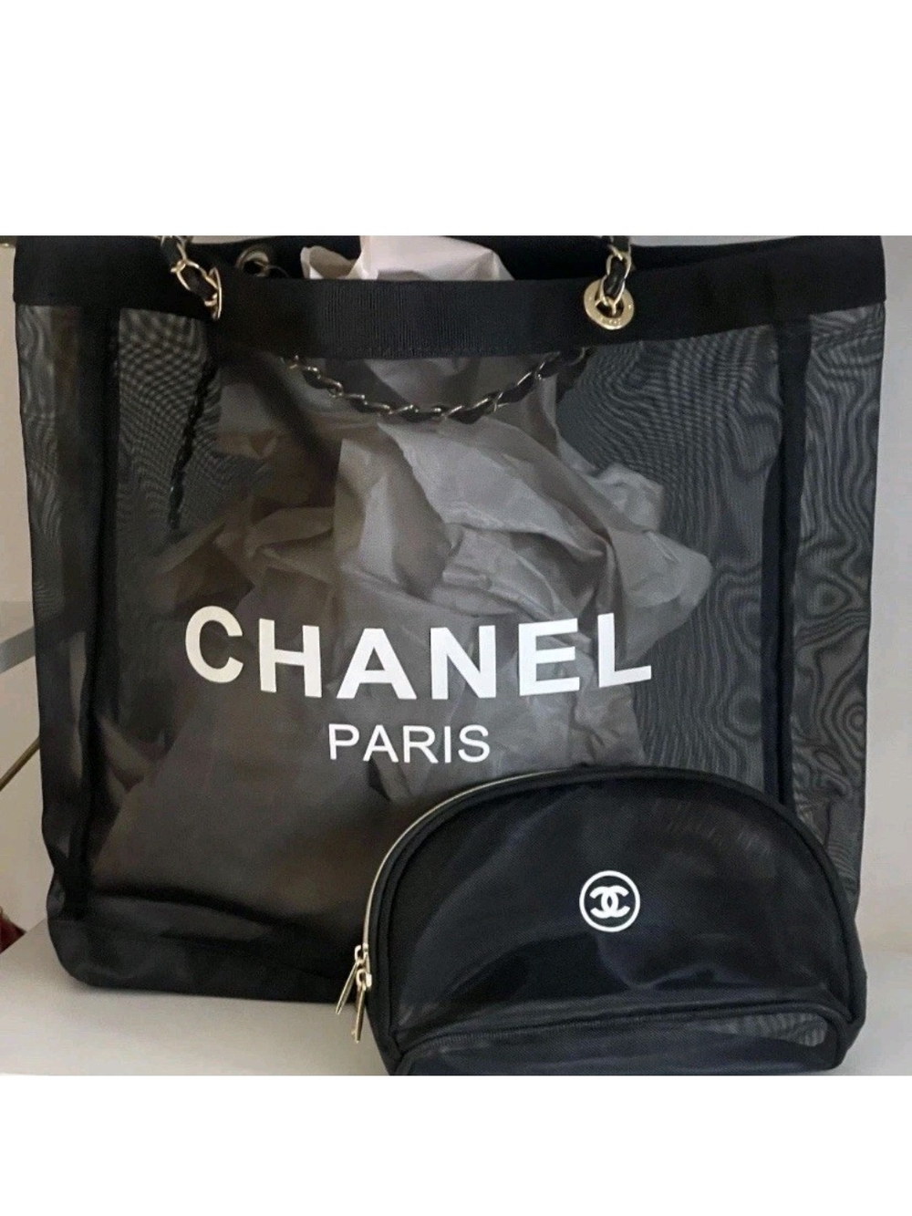 New CC Black Mesh Tote with Logo and Matching Cosmetic Pouch